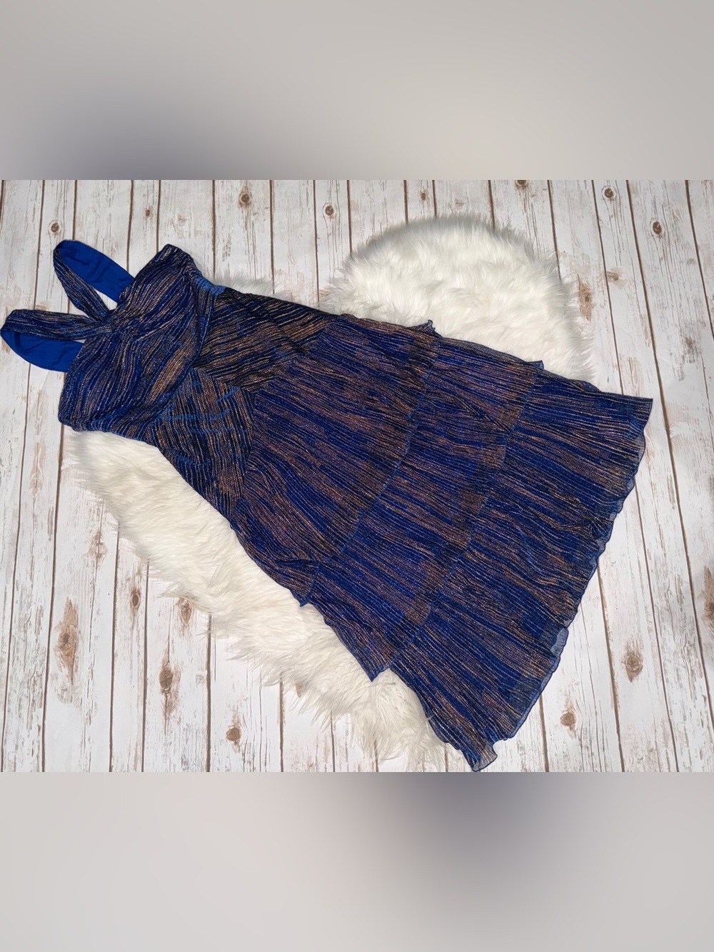 Vintage Caché Metallic Pleated Tiered Midi Dress Size 4